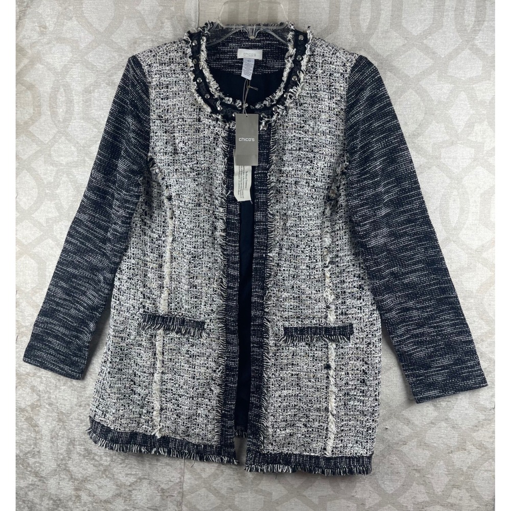 Chico's Neutral Mix Tweed Duster Jacket Women Size 0 S Ecru NWT Studded Fringe